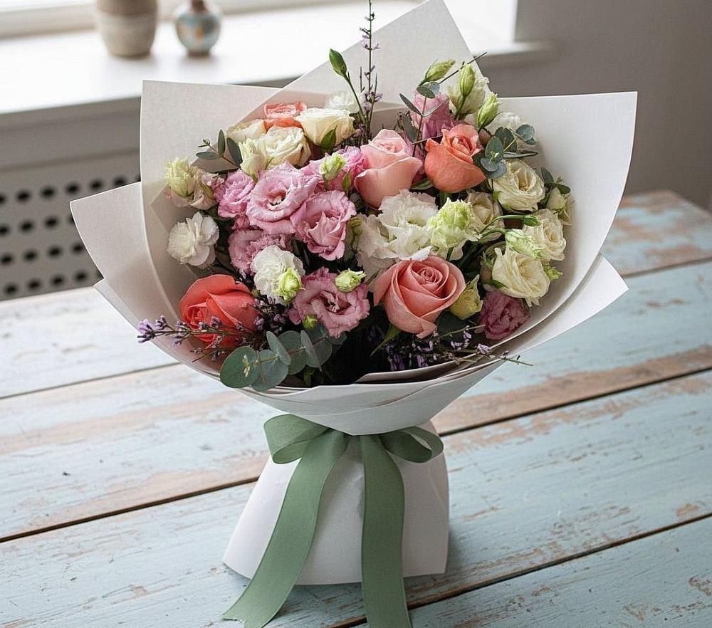 Букет цветов из: Розы, Лизиантусы и Гвоздики в Заветном Ростовской области