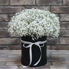Цветочная композиция из Гипсофила в шляпной коробке в Заветном Ростовской области