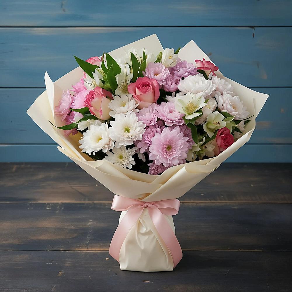 Букет цветов из: Хризантемы, Альстромерии и Розы в Заветном Ростовской области